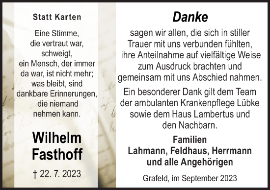 Traueranzeige von Wilhelm Fasthoff von Neue Osnabrücker Zeitung GmbH & Co. KG