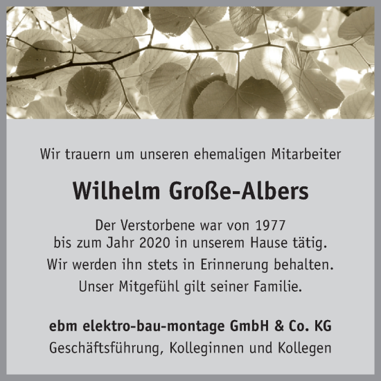 Traueranzeige von Wilhelm Große-Albers von Neue Osnabrücker Zeitung GmbH & Co. KG