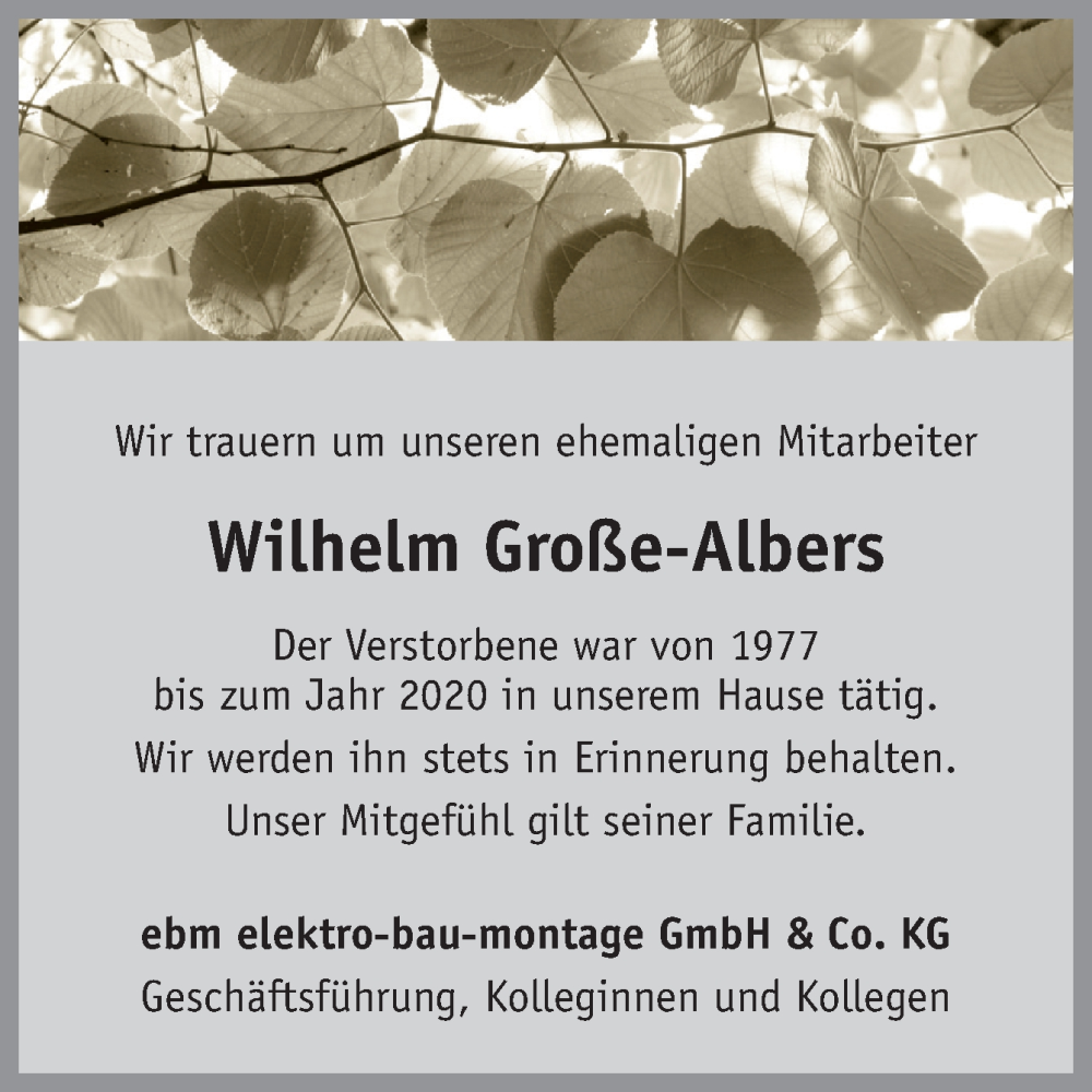  Traueranzeige für Wilhelm Große-Albers vom 23.09.2023 aus Neue Osnabrücker Zeitung GmbH & Co. KG