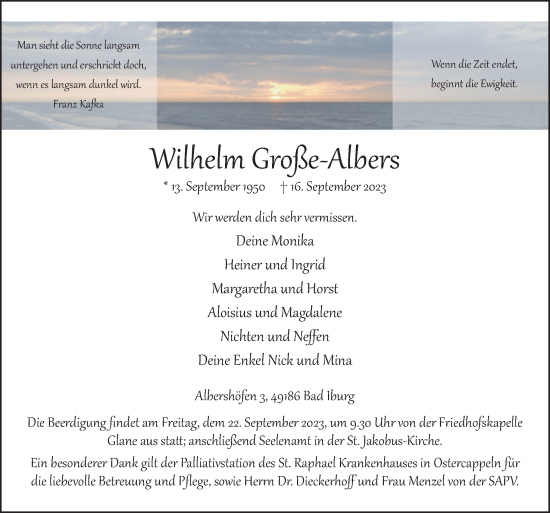 Traueranzeige von Wilhelm Große-Albers von Neue Osnabrücker Zeitung GmbH & Co. KG