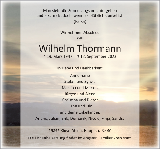 Traueranzeige von Wilhelm Thormann von Neue Osnabrücker Zeitung GmbH & Co. KG