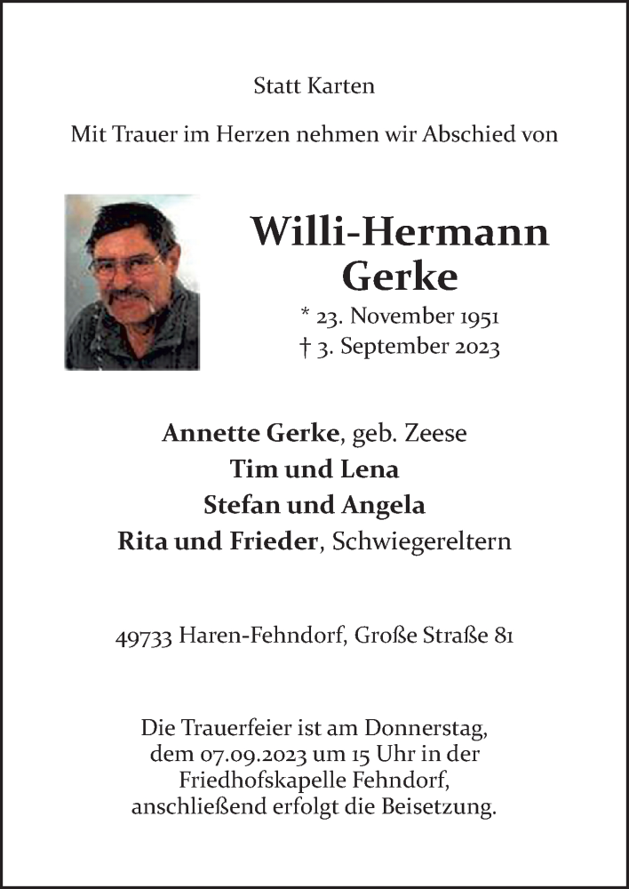 Traueranzeige für Willi-Hermann Gerke vom 05.09.2023 aus Neue Osnabrücker Zeitung GmbH & Co. KG