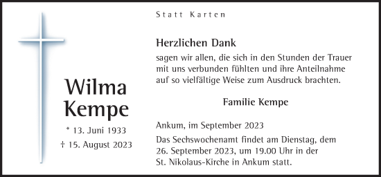 Traueranzeige von Wilma Kempe von Neue Osnabrücker Zeitung GmbH & Co. KG