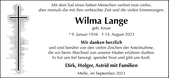 Traueranzeige von Wilma Lange von Neue Osnabrücker Zeitung GmbH & Co. KG