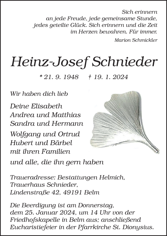 Traueranzeige von Heinz-Josef Schnieder von Neue Osnabrücker Zeitung GmbH & Co. KG