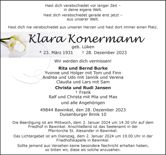 Traueranzeige von Klara Konermann von Neue Osnabrücker Zeitung GmbH & Co. KG