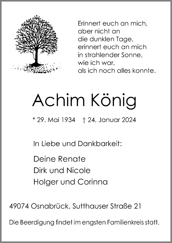 Traueranzeige von Achim König von Neue Osnabrücker Zeitung GmbH & Co. KG