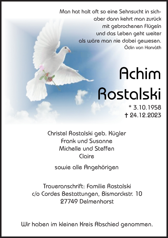 Traueranzeige von Achim Rostalski von DK Medien GmbH & Co. KG