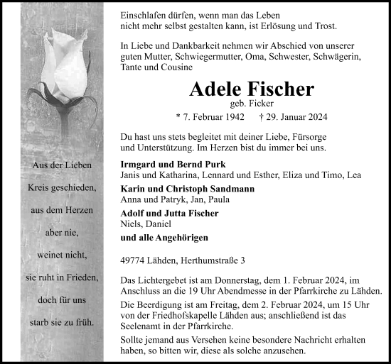 Traueranzeige von Adele Fischer von Neue Osnabrücker Zeitung GmbH & Co. KG