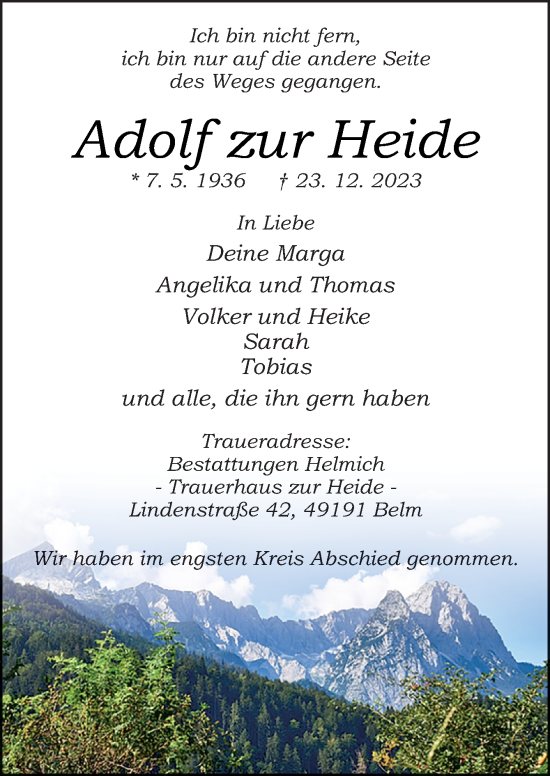 Traueranzeige von Adolf zur Heide von Neue Osnabrücker Zeitung GmbH & Co. KG