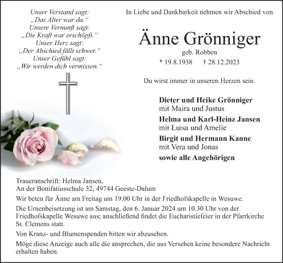 Traueranzeige von Änne Grönniger von Neue Osnabrücker Zeitung GmbH & Co. KG