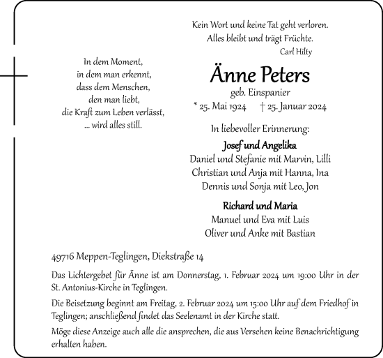 Traueranzeige von Änne Peters von Neue Osnabrücker Zeitung GmbH & Co. KG