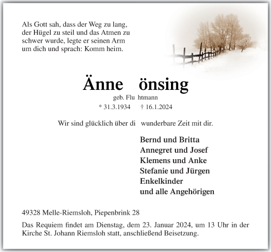 Traueranzeige von Änne Tönsing von Neue Osnabrücker Zeitung GmbH & Co. KG