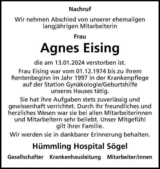Traueranzeige von Agnes Eising von Neue Osnabrücker Zeitung GmbH & Co. KG