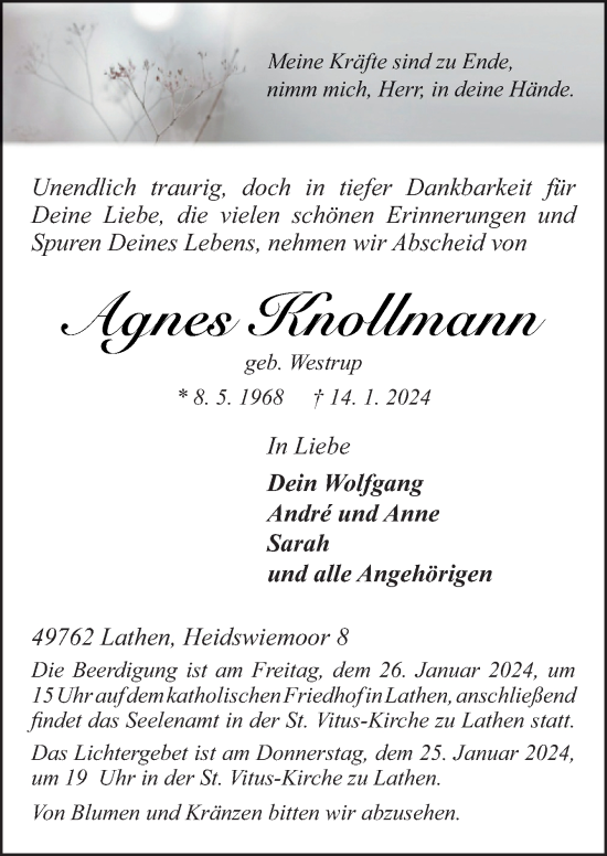 Traueranzeige von Agnes Knollmann von Neue Osnabrücker Zeitung GmbH & Co. KG