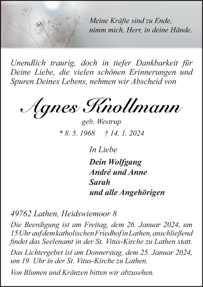  Traueranzeige für Agnes Knollmann vom 20.01.2024 aus Neue Osnabrücker Zeitung GmbH & Co. KG