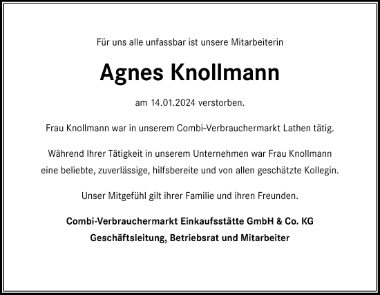 Traueranzeige von Agnes Knollmann von Neue Osnabrücker Zeitung GmbH & Co. KG