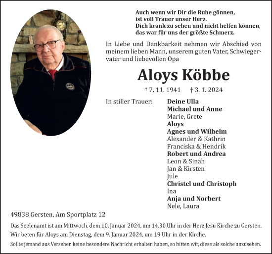 Traueranzeige von Aloys Köbbe von Neue Osnabrücker Zeitung GmbH & Co. KG