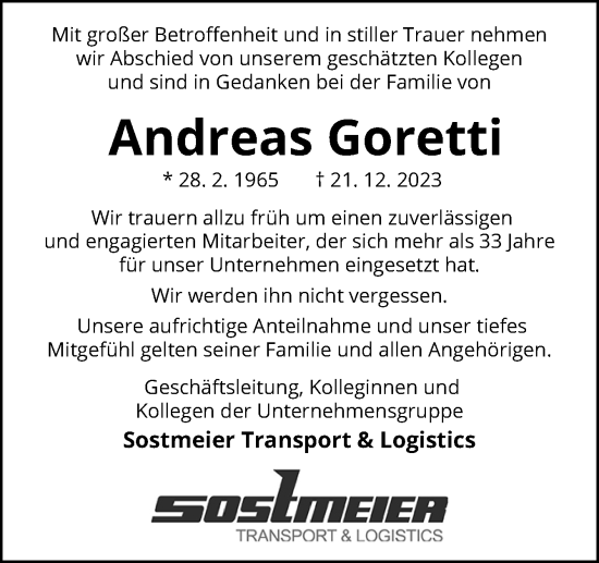 Traueranzeige von Andreas Goretti von Neue Osnabrücker Zeitung GmbH & Co. KG