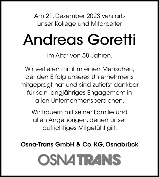 Traueranzeige von Andreas Goretti von Neue Osnabrücker Zeitung GmbH & Co. KG