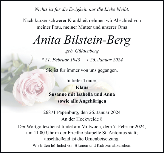 Traueranzeige von Anita Bilstein-Berg von Neue Osnabrücker Zeitung GmbH & Co. KG
