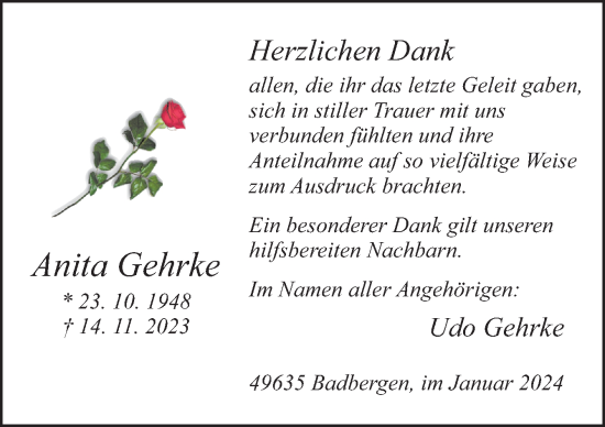 Traueranzeige von Anita Gehrke von Neue Osnabrücker Zeitung GmbH & Co. KG