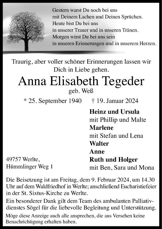 Traueranzeige von Anna Elisabeth Tegeder von Neue Osnabrücker Zeitung GmbH & Co. KG