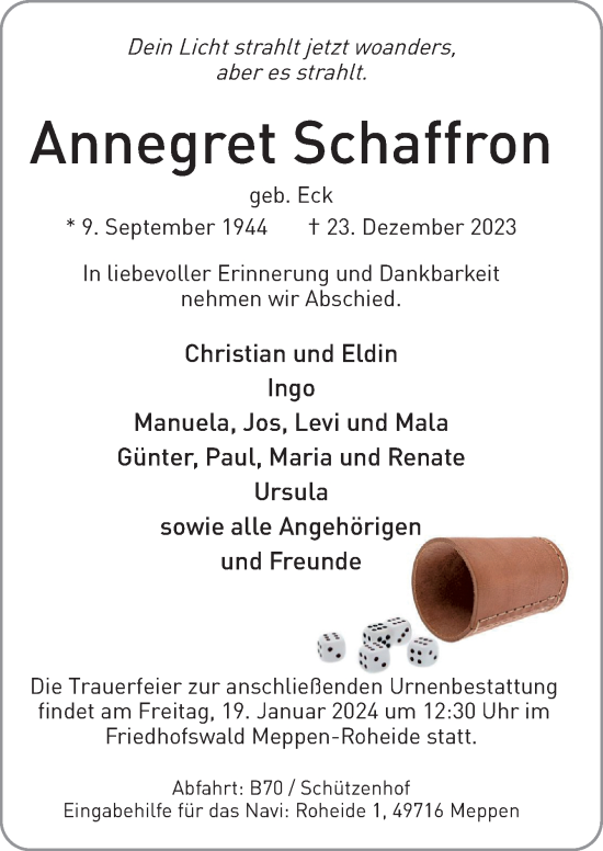 Traueranzeige von Annegret Schaffron von Neue Osnabrücker Zeitung GmbH & Co. KG