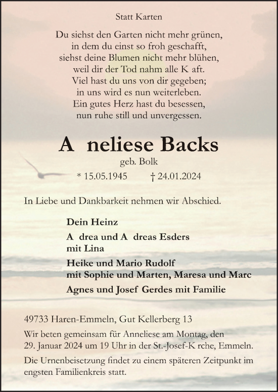 Traueranzeige von Anneliese Backs von Neue Osnabrücker Zeitung GmbH & Co. KG