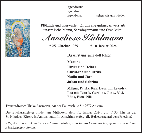 Traueranzeige von Anneliese Kuhlmann von Neue Osnabrücker Zeitung GmbH & Co. KG