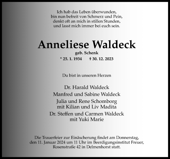 Traueranzeige von Anneliese Waldeck von DK Medien GmbH & Co. KG