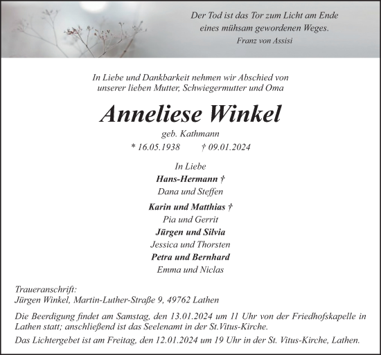 Traueranzeige von Anneliese Winkel von Neue Osnabrücker Zeitung GmbH & Co. KG