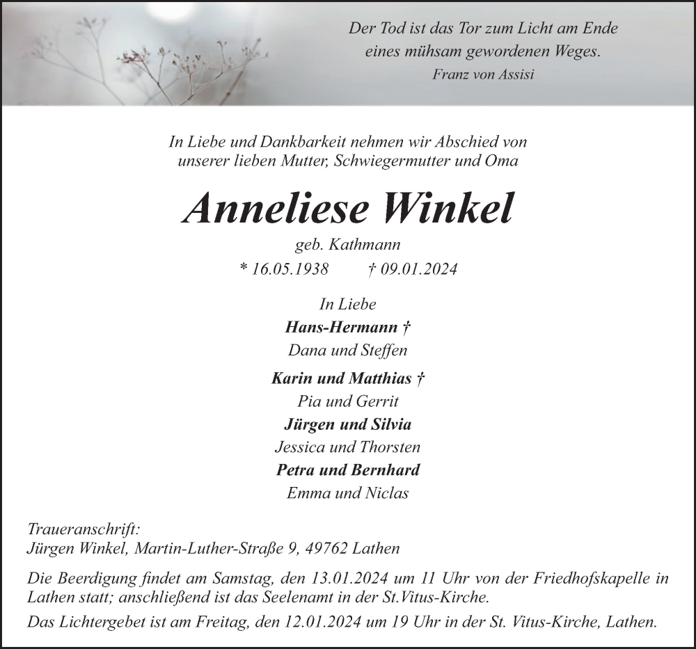  Traueranzeige für Anneliese Winkel vom 11.01.2024 aus Neue Osnabrücker Zeitung GmbH & Co. KG