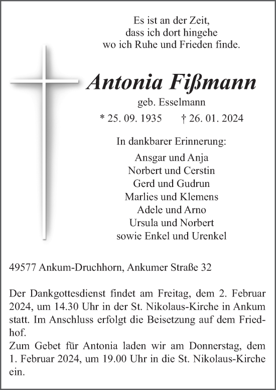 Traueranzeige von Antonia Fißmann von Neue Osnabrücker Zeitung GmbH & Co. KG