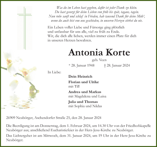 Traueranzeige von Antonia Korte von Neue Osnabrücker Zeitung GmbH & Co. KG