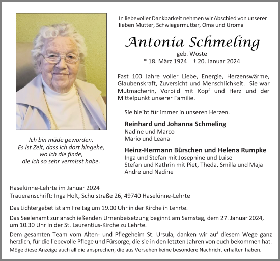 Traueranzeige von Antonia Schmeling von Neue Osnabrücker Zeitung GmbH & Co. KG