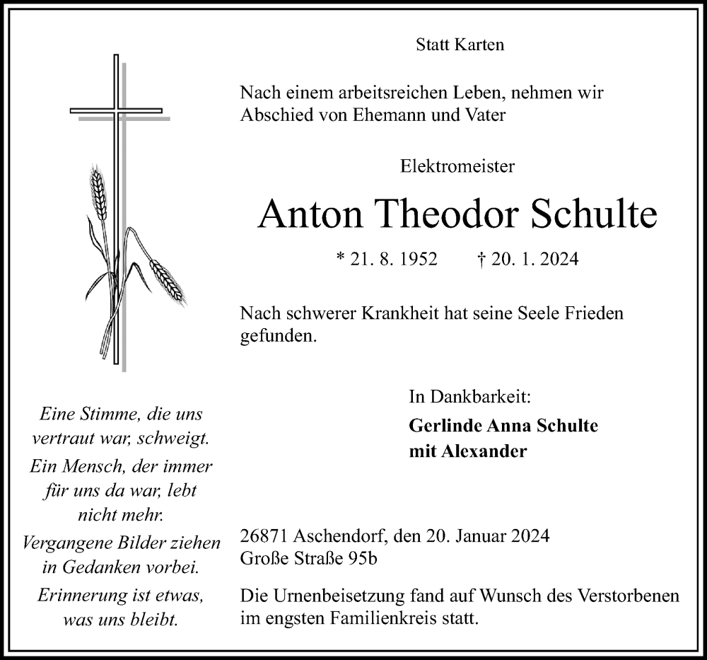  Traueranzeige für Anton Theodor Schulte vom 31.01.2024 aus Neue Osnabrücker Zeitung GmbH & Co. KG