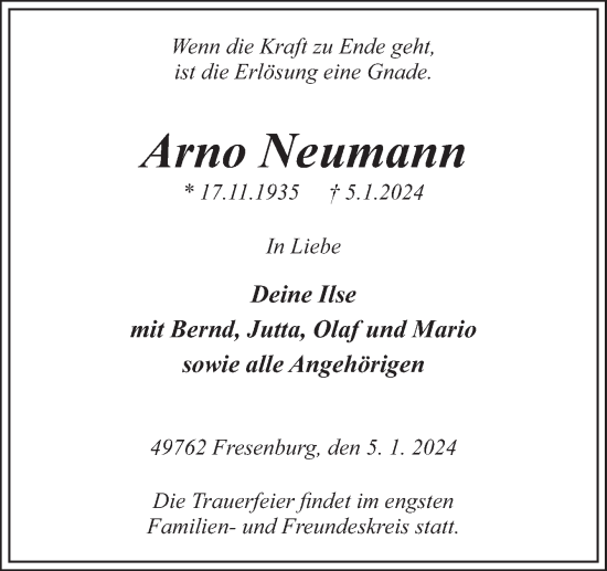 Traueranzeige von Arno Neumann von Neue Osnabrücker Zeitung GmbH & Co. KG