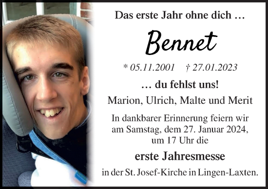 Traueranzeige von Bennet Jaske von Neue Osnabrücker Zeitung GmbH & Co. KG