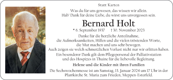 Traueranzeige von Bernard Holt von Neue Osnabrücker Zeitung GmbH & Co. KG