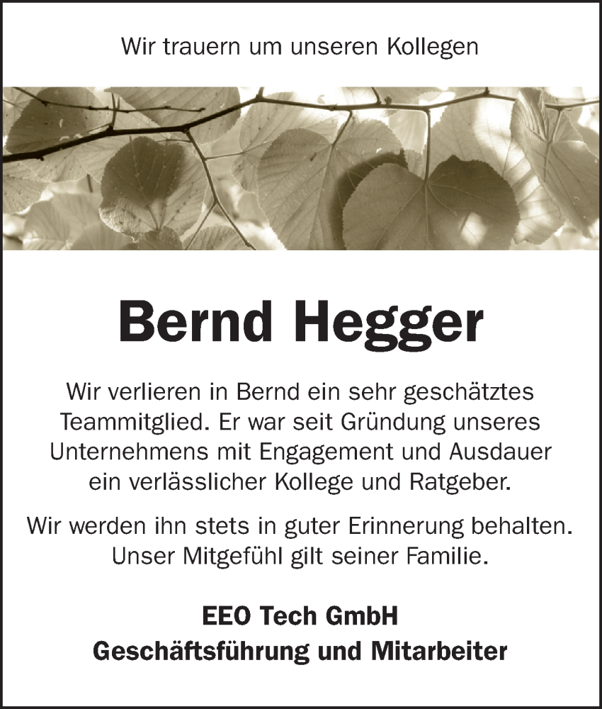  Traueranzeige für Bernd Hegger vom 31.01.2024 aus Neue Osnabrücker Zeitung GmbH & Co. KG