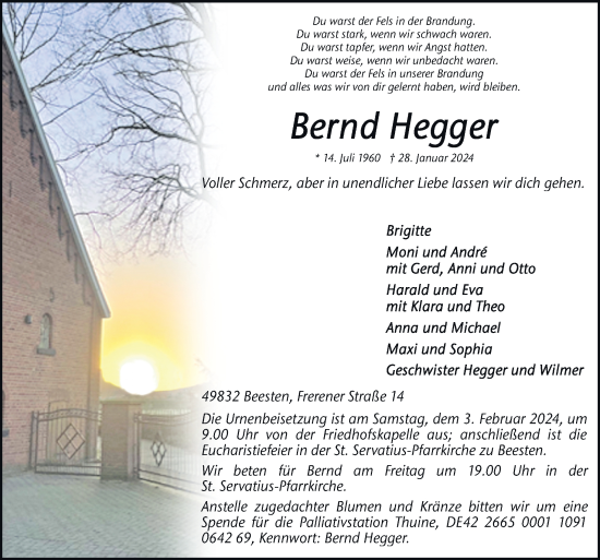 Traueranzeige von Bernd Hegger von Neue Osnabrücker Zeitung GmbH & Co. KG