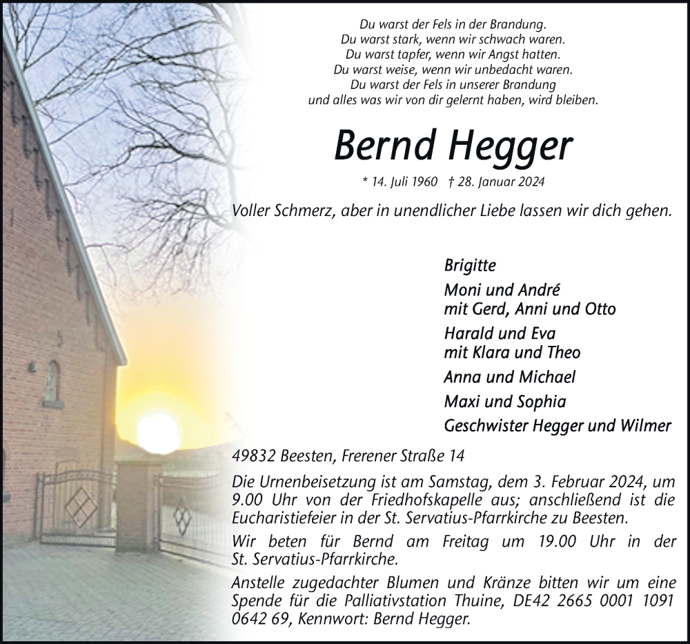  Traueranzeige für Bernd Hegger vom 31.01.2024 aus Neue Osnabrücker Zeitung GmbH & Co. KG