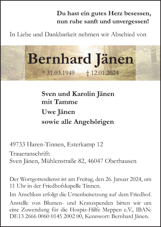 Traueranzeige von Bernhard Jänen von Neue Osnabrücker Zeitung GmbH & Co. KG