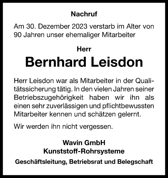 Traueranzeige von Bernhard Leisdon von Neue Osnabrücker Zeitung GmbH & Co. KG