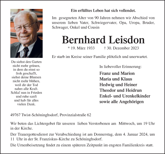 Traueranzeige von Bernhard Leisdon von Neue Osnabrücker Zeitung GmbH & Co. KG