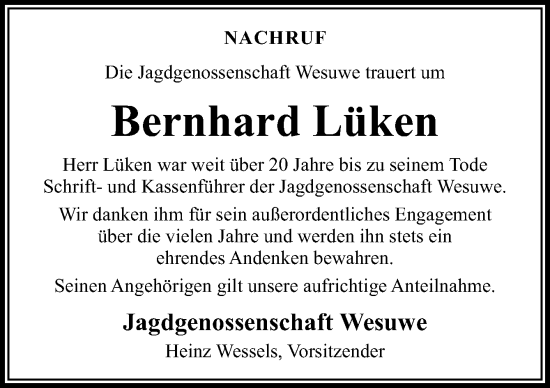 Traueranzeige von Bernhard Lüken von Neue Osnabrücker Zeitung GmbH & Co. KG
