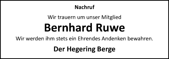 Traueranzeige von Bernhard Ruwe von Neue Osnabrücker Zeitung GmbH & Co. KG