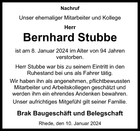 Traueranzeige von Bernhard Stubbe von Neue Osnabrücker Zeitung GmbH & Co. KG