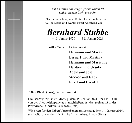 Traueranzeige von Bernhard Stubbe von Neue Osnabrücker Zeitung GmbH & Co. KG